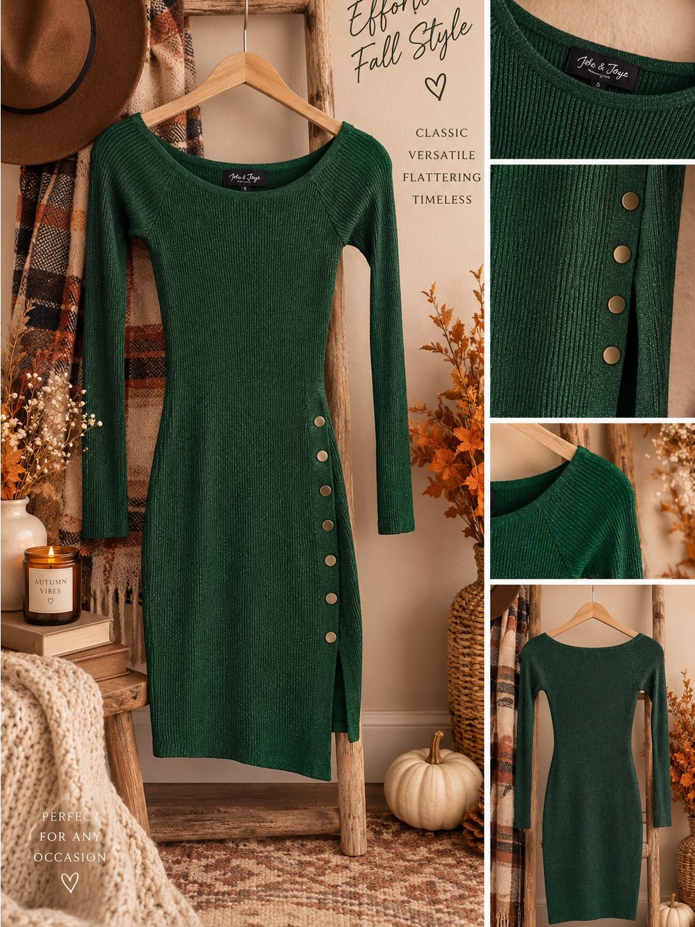 Jolie & Joy Green Ribbed Knit Long Sleeve Bodycon Dress with Side Buttons